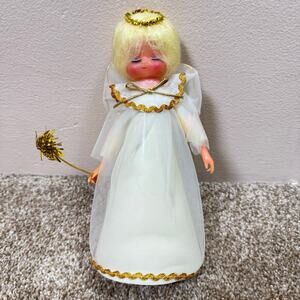 VTG Christmas Angel Tree Topper 1960s Decor Blue Eyeshadow White Gold Trim